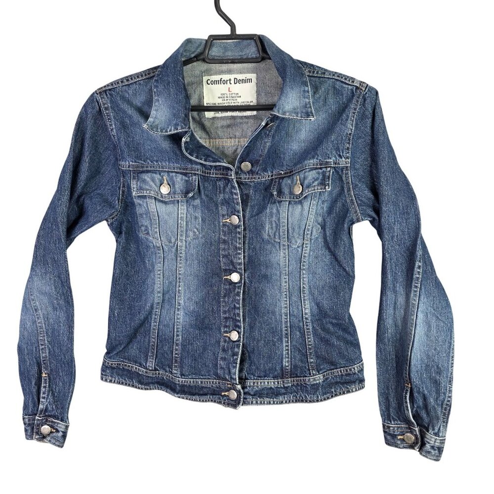 Womens Comfort Denim Blue Denim Jean Jacket 100% Cotton Button Up Size L